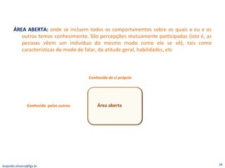 ÁREA ABERTA:   onde se incluem todos os comportamentos sobre os quais o eu e os outros temos conhecimento. São percepções mutuamente participadas (isto é, as pessoas vêem um indivíduo do mesmo modo como ele se vê), tais como características do modo de falar, da atitude geral, habilidades, etc Área aberta  Conhecida de si próprio Conhecida  pelos outros [email_address] 
