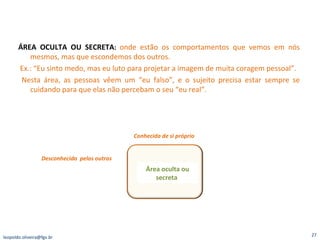 ÁREA OCULTA OU SECRETA :  onde estão os comportamentos que vemos em nós mesmos, mas que escondemos dos outros. Ex.: “Eu sinto medo, mas eu luto para projetar a imagem de muita coragem pessoal”. Nesta área, as pessoas vêem um “eu falso”, e o sujeito precisa estar sempre se cuidando para que elas não percebam o seu “eu real”. Área oculta ou secreta  Conhecida de si próprio Desconhecida  pelos outros [email_address] 