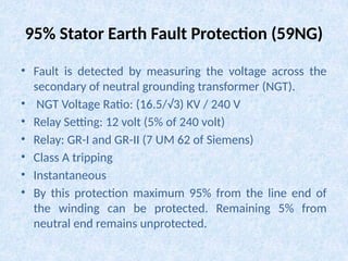 95% Stator Earth Fault Protection (59NG)
• Fault is detected by measuring the voltage across the
secondary of neutral grounding transformer (NGT).
• NGT Voltage Ratio: (16.5/√3) KV / 240 V
• Relay Setting: 12 volt (5% of 240 volt)
• Relay: GR-I and GR-II (7 UM 62 of Siemens)
• Class A tripping
• Instantaneous
• By this protection maximum 95% from the line end of
the winding can be protected. Remaining 5% from
neutral end remains unprotected.
 