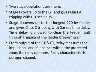 • Two stage operations are there.
• Stage I covers up to the GT and gives Class A
tripping with 0.1 sec delay.
• Stage II covers up to the longest 220 kv feeder
and gives Class C tripping with 0.6 sec time delay.
Time delay is allowed to clear the feeder fault
through tripping of the feeder breaker itself.
• From output of the CT & PT, Relay measures the
impedance and if it comes within the protected
zone, the relay operates. Relay characteristic is
polygon shaped.
 