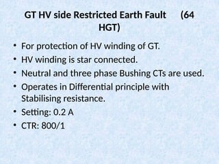 GT HV side Restricted Earth Fault (64
HGT)
• For protection of HV winding of GT.
• HV winding is star connected.
• Neutral and three phase Bushing CTs are used.
• Operates in Differential principle with
Stabilising resistance.
• Setting: 0.2 A
• CTR: 800/1
 