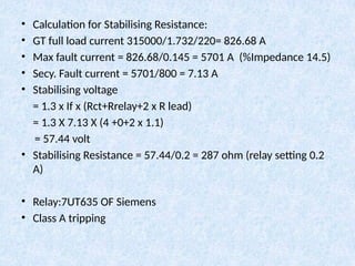 • Calculation for Stabilising Resistance:
• GT full load current 315000/1.732/220= 826.68 A
• Max fault current = 826.68/0.145 = 5701 A (%Impedance 14.5)
• Secy. Fault current = 5701/800 = 7.13 A
• Stabilising voltage
= 1.3 x If x (Rct+Rrelay+2 x R lead)
= 1.3 X 7.13 X (4 +0+2 x 1.1)
= 57.44 volt
• Stabilising Resistance = 57.44/0.2 = 287 ohm (relay setting 0.2
A)
• Relay:7UT635 OF Siemens
• Class A tripping
 