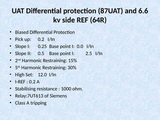 UAT Differential protection (87UAT) and 6.6
kv side REF (64R)
• Biased Differential Protection
• Pick up: 0.2 I/In
• Slope I: 0.25 Base point I: 0.0 I/In
• Slope II: 0.5 Base point I: 2.5 I/In
• 2nd
Harmonic Restraining: 15%
• 5th
Harmonic Restraining: 30%
• High Set: 12.0 I/In
• I-REF : 0.2 A
• Stabilising resistance : 1000 ohm.
• Relay:7UT613 of Siemens
• Class A tripping
 