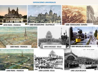 1889 PARIS - FRANCIA 1893 CHICAGO - EEUU 1897 BRUSELAS-BELGICA
1905 LIEJA BELGICA1990 PARIS - FRANCIA 1904 LUISINA -EEUU
1878 PARIS - FRANCIA 1880 MELBOURNE - AUSTRALIA 1888 BARCELONA- ESPAÑA
EXPOSICIONES UNIVERSALES
 