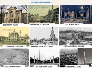 1913 GANTE - BELGICA 1915 SAN FRANCISCO - EEUU 1925 BARCELONA - ESPAÑA
1933 CHICAGO -EEUU
1906 MILAN- ITALIA 1890 BRUSELAS - BELGICA 1911 TURIN- ITALIA
1939 NEW YORK -EEUU 1962 SEATLE - EEUU
EXPOSICIONES UNIVERSALES
 
