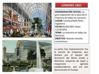 DENOMINACIÓN OFICIAL: La
gran exposición de la obra de la
industria de todas las naciones
LUGAR: Londres(Hyde Park) -
Inglaterra
FECHA:01/05/1851 hasta
11/10/1851
TEMA: La industria en todas las
Naciones
OBJETIVO: Nuevos vínculos
económicos.
LONDRES 1851
La parte más impresionante fue
la sección de máquinas, que
destaca por el equipo del
ferrocarril del Reino Unido y
Alemania, máquinas de vapor y
maquinaria agrícola
estadounidense, que era casi
desconocido en Europa.
 
