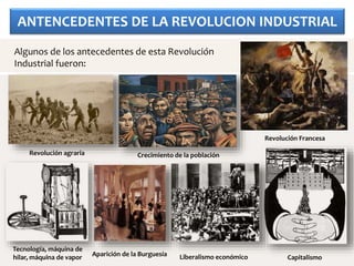 ANTENCEDENTES DE LA REVOLUCION INDUSTRIAL
Crecimiento de la población
Algunos de los antecedentes de esta Revolución
Industrial fueron:
Revolución agraria
Tecnología, máquina de
hilar, máquina de vapor CapitalismoLiberalismo económico
Revolución Francesa
Aparición de la Burguesía
 
