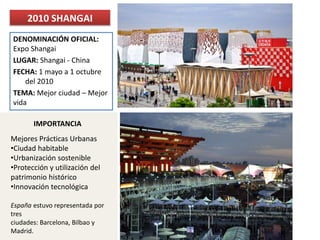 DENOMINACIÓN OFICIAL:
Expo Shangai
LUGAR: Shangai - China
FECHA: 1 mayo a 1 octubre
del 2010
TEMA: Mejor ciudad – Mejor
vida
2010 SHANGAI
IMPORTANCIA
Mejores Prácticas Urbanas
•Ciudad habitable
•Urbanización sostenible
•Protección y utilización del
patrimonio histórico
•Innovación tecnológica
España estuvo representada por
tres
ciudades: Barcelona, Bilbao y
Madrid.
 