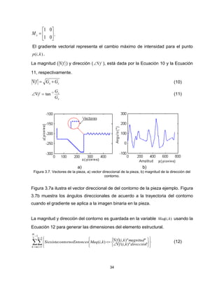 34







01
01
xM .
El gradiente vectorial representa el cambio máximo de intensidad para el punto
),( kip .
La magnitud ( f ) y dirección ( f ), está dada por la Ecuación 10 y la Ecuación
11, respectivamente.
zx GGf  (10)
x
z
G
G
f 1
tan
 (11)
a) b)
Figura 3.7. Vectores de la pieza, a) vector direccional de la pieza, b) magnitud de la dirección del
contorno.
Figura 3.7a ilustra el vector direccional de del contorno de la pieza ejemplo. Figura
3.7b muestra los ángulos direccionales de acuerdo a la trayectoria del contorno
cuando el gradiente se aplica a la imagen binaria en la pieza.
La magnitud y dirección del contorno es guardada en la variable ),( kiMaq usando la
Ecuación 12 para generar las dimensiones del elemento estructural.




 
















1
2 1
1
""),(
""),(),(
m
mk
n
i
direcciónkif
magnitudkifkiMaqEntoncescontornoexisteSi (12)
 