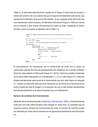 49
Tabla 3.2, el elemento estructural se muestra en la Figura 3.16(a) este es movido a
través del contorno de una manera tal que la esquina del elemento estructural, que
representa el diámetro de la punta del cortador. Si en cualquier píxel del borde hay
una intersección entre la pieza y el elemento estructural (Figura 3.16(b)) el inserto
no es correcto y otro inserto (herramienta de corte) se trata, repitiendo el mismo
proceso como lo muestra el algoritmo de la Tabla 3.3.
Tabla 3.3. Algoritmo general para la selección de la herramienta basada en residuos de
pixeles.
m
njif |),(F Imagen
)(mmkdD  Selección del diámetro de la herramienta de corte, donde 1k
For (i=1 to n)
For (j=1 to m)
Erode or Dilate  F Morfología direccional
If (Intersection or residues pixels)
)()( mmkdmmd  Cambio del diámetro
1 kk
Else
kArea  kk  Genera área
End
End
End
El procedimiento de intersección de la herramienta de corte con la pieza se
comprueba usando técnicas de procesamiento de imágenes con el propio software
(Este fue desarrollado en Microsoft Visual C++ 2010). Todos los píxeles contenidos
en la pieza están etiquetados en coordenadas ( ji, ) y un valor lógico (0 ); todos los
píxeles del elemento estructural de la herramienta con otro valor lógico se etiqueta
(1), cuando un elemento estructural se desplaza con la forma de la herramienta de
corte a través de toda la imagen y si la posición de uno o más píxeles del elemento
estructural pertenecen a la pieza entonces hay una intersección.
Numero de cambios de la herramienta:
Después de la correcta boquilla (Carpenter y Maropoulos, 2000) y herramientas de
corte que han sido seleccionados para trabajar en cada área, es probable que se
requiera muchos cambios de herramientas de corte. El número de cambios puede
ser reducido por orden de los cambios con el siguiente procedimiento de la Ecuación
37.
 