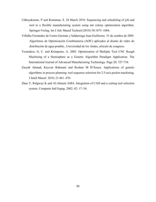 65
Udhayakumar, P and Kumanan, S. 24 March 2010. Sequencing and scheduling of job and
tool in a flexible manufacturing system using ant colony optimization algorithm.
Springer-Verlag. Int J Adv Manuf Technol (2010) 50:1075–1084.
Villalba Fernández de Castro Germán y Saldarriaga Juan Guillermo. 31 de octubre de 2005.
Algoritmos de Optimización Combinatoria (AOC) aplicados al diseño de redes de
distribución de agua potable., Universidad de los Andes, artículo de congreso.
Vosniakos, G, C. and Krimpenis, A. 2002. Optimization of Multiple Tool CNC Rough
Machining of a Hemisphere as a Genetic Algorithm Paradigm Application. The
International Journal of Advanced Manufacturing Technology. Page 20, 727-734.
Zaryab Ahmad, Keyvan Rahmani and Roshan M D’Souza. Applications of genetic
algorithms in process planning: tool sequence selection for 2.5-axis pocket machining.
J Intell Manuf. 2010; 21:461–470.
Zhao Y, Ridgway K and Al-Ahmari AMA. Integration of CAD and a cutting tool selection
system. Computer Ind Engng. 2002; 42: 17–34.
 