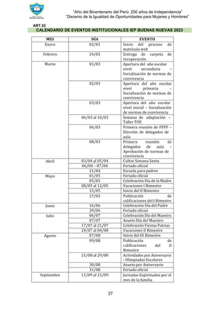 “Año del Bicentenario del Perú: 200 años de Independencia”
“Decenio de la Igualdad de Oportunidades para Mujeres y Hombres”
27
ART.52
MES DÍA EVENTO
Enero 02/01 Inicio del
matrícula web
proceso de
Febrero 24/02 Entrega de
recuperación
carpeta de
Marzo 01/03 Apertura del año escolar
nivel secundaria –
Socialización de normas de
convivencia
02/03 Apertura del año escolar
nivel primaria –
Socialización de normas de
convivencia
03/03 Apertura del año escolar
nivel inicial – Socialización
de normas de convivencia
06/03 al 10/03 Semana de adaptación –
Taller TOE
06/03 Primera reunión de PPFF –
Elección de delegados de
aula
08/03 Primera reunión de
delegados de aula –
Aprobación de normas de
convivencia
Abril 03/04 al 05/04 Cultos Semana Santa
06/04 – 07/04 Feriado oficial
21/04 Escuela para padres
Mayo 01/05 Feriado oficial
05/05 Celebración Día de la Madre
08/05 al 12/05 Vacaciones I Bimestre
15/05 Inicio del II Bimestre
17/05 Publicación de
calificaciones del I Bimestre
Junio 16/06 Celebración Día del Padre
29/06 Feriado oficial
Julio 06/07 Celebración Día del Maestro
07/07 Asueto Día del Maestro
17/07 al 21/07 Celebración Fiestas Patrias
24/07 al 04/08 Vacaciones II Bimestre
Agosto 07/08 Inicio del III Bimestre
09/08 Publicación
calificaciones
Bimestre
del
de
II
21/08 al 29/08 Actividades por Aniversario
- Olimpiadas Escolares
30/08 Asueto por Aniversario
31/08 Feriado oficial
Septiembre 11/09 al 15/09 Jornadas Espirituales por el
mes de la familia
CALENDARIO DE EVENTOS INSTITUCIONALES IEP BUENAS NUEVAS 2023
 
