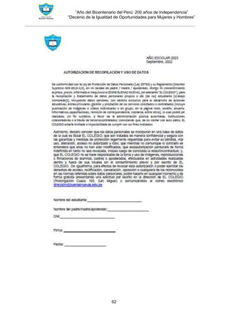 “Año del Bicentenario del Perú: 200 años de Independencia”
“Decenio de la Igualdad de Oportunidades para Mujeres y Hombres”
62
 