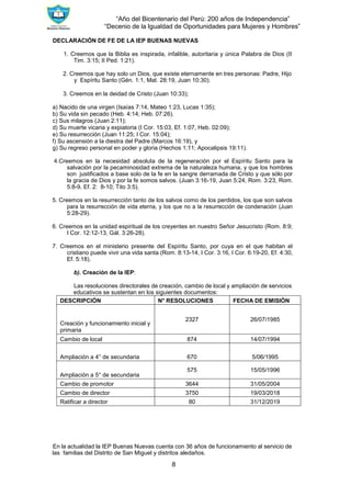 “Año del Bicentenario del Perú: 200 años de Independencia”
“Decenio de la Igualdad de Oportunidades para Mujeres y Hombres”
8
DECLARACIÓN DE FE DE LA IEP BUENAS NUEVAS
1. Creemos que la Biblia es inspirada, infalible, autoritaria y única Palabra de Dios (II
Tim. 3:15; II Ped. 1:21).
2. Creemos que hay solo un Dios, que existe eternamente en tres personas: Padre, Hijo
y Espíritu Santo (Gén. 1:1, Mat. 28:19, Juan 10:30).
3. Creemos en la deidad de Cristo (Juan 10:33);
a) Nacido de una virgen (Isaías 7:14, Mateo 1:23, Lucas 1:35);
b) Su vida sin pecado (Heb. 4:14; Heb. 07:26).
c) Sus milagros (Juan 2:11);
d) Su muerte vicaria y expiatoria (I Cor. 15:03, Ef. 1:07, Heb. 02:09);
e) Su resurrección (Juan 11:25; I Cor. 15:04);
f) Su ascensión a la diestra del Padre (Marcos 16:19), y
g) Su regreso personal en poder y gloria (Hechos 1:11; Apocalipsis 19:11).
4.Creemos en la necesidad absoluta de la regeneración por el Espíritu Santo para la
salvación por la pecaminosidad extrema de la naturaleza humana, y que los hombres
son justificados a base solo de la fe en la sangre derramada de Cristo y que sólo por
la gracia de Dios y por la fe somos salvos. (Juan 3:16-19, Juan 5:24, Rom. 3:23, Rom.
5:8-9, Ef. 2: 8-10; Tito 3:5).
5. Creemos en la resurrección tanto de los salvos como de los perdidos, los que son salvos
para la resurrección de vida eterna, y los que no a la resurrección de condenación (Juan
5:28-29).
6. Creemos en la unidad espiritual de los creyentes en nuestro Señor Jesucristo (Rom. 8:9;
I Cor. 12:12-13, Gál. 3:26-28).
7. Creemos en el ministerio presente del Espíritu Santo, por cuya en el que habitan el
cristiano puede vivir una vida santa (Rom. 8:13-14, I Cor. 3:16, I Cor. 6:19-20, Ef. 4:30,
Ef. 5:18).
b). Creación de la IEP:
Las resoluciones directorales de creación, cambio de local y ampliación de servicios
educativos se sustentan en los siguientes documentos:
DESCRIPCIÓN N° RESOLUCIONES FECHA DE EMISIÓN
Creación y funcionamiento inicial y
primaria
2327 26/07/1985
Cambio de local 874 14/07/1994
Ampliación a 4° de secundaria 670 5/06/1995
Ampliación a 5° de secundaria
575 15/05/1996
Cambio de promotor 3644 31/05/2004
Cambio de director 3750 19/03/2018
Ratificar a director 80 31/12/2019
En la actualidad la IEP Buenas Nuevas cuenta con 36 años de funcionamiento al servicio de
las familias del Distrito de San Miguel y distritos aledaños.
 