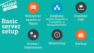 Basic
Webserver:
Apache or
Nginx
Database:
MySQL/MariaDB or
PostgreSQL or
MongoDB/NoSQL
Runtime:
PHP
Access /
Deployment
M...