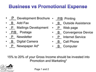 Identify additional sources of business</li></li></ul><li>Exercise One<br />Defining Business <br />and Promotional Expens...