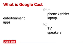 from:
phone / tablet
laptop
What is Google Cast
to:
TV
speakers
entertainment
apps
 