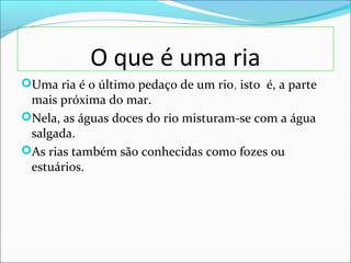 O que é uma ria
Uma ria é o último pedaço de um rio, isto é, a parte
mais próxima do mar.
Nela, as águas doces do rio misturam-se com a água
salgada.
As rias também são conhecidas como fozes ou
estuários.
 
