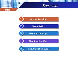 Sommaire12345Introduction à RIAFlex & MXMLFlex & ActionScriptFlex & service WebFlex & Cloud ComputingRIA