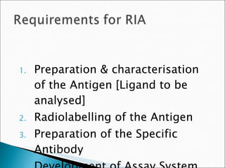 Preparation & characterisation of the Antigen [Ligand to be analysed]  Radiolabelling of the Antigen Preparation of the Specific Antibody Development of Assay System 