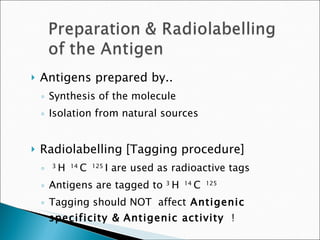 Antigens prepared by..  Synthesis of the molecule  Isolation from natural sources Radiolabelling [Tagging procedure] 3  H  14  C  125  I are used as radioactive tags Antigens are tagged to  3  H  14  C  125  Tagging should NOT  affect  Antigenic specificity &   Antigenic activity  ! 
