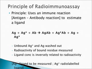 Principle: Uses an immune reaction [Antigen – Antibody reaction] to  estimate a ligand  Ag + Ag* + Ab    AgAb + Ag*Ab + Ag + Ag* Unbound Ag* and Ag washed out  Radioactivity of bound residue measured Ligand conc is inversely related to radioactivity  [Ag : ligand to be measured ; Ag* radiolabelled ligand] 