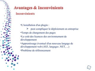 •L'installation d'un plugin :
 peut compliquer le déploiement en entreprise
•Temps de chargement des pages
•Le coût des licences des environnement de
développement
•Apprentissage éventuel d'un nouveau langage de
développement web (AS3, langages .NET, ...)
•Problème de référencement
13
 