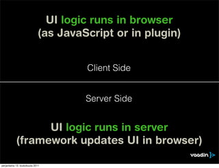 UI logic runs in browser
                             (as JavaScript or in plugin)


                                      Client Side


                                      Server Side


                  UI logic runs in server
            (framework updates UI in browser)

perjantaina 13. toukokuuta 2011
 