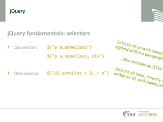 jQuery fundamentals: selectors
› CSS selectors
› Child selector
jQuery
$("p a.someClass")
$("p a.someClass, div")
$("ul.someList > li > a")
 
