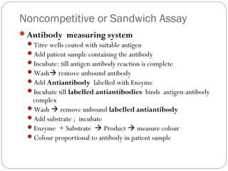 Noncompetitive or Sandwich Assay
Antibody measuring system
Titre wells coated with suitable antigen
Add patient sample containing the antibody
Incubate: till antigen antibody reaction is complete
Wash remove unbound antibody
Add Antiantibody labelled with Enzyme
Incubate till labelled antiantibodies binds antigen-antibody
complex
Wash  remove unbound labelled antiantibody
Add substrate ; incubate
Enzyme + Substrate  Product  measure colour
Colour proportional to antibody in patient sample
 