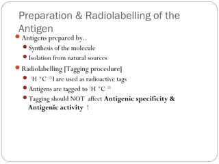 Preparation & Radiolabelling of the
Antigen
Antigens prepared by..
Synthesis of the molecule
Isolation from natural sources
Radiolabelling [Tagging procedure]
 3
H 14
C 125
I are used as radioactive tags
Antigens are tagged to 3
H 14
C 125
Tagging should NOT affect Antigenic specificity &
Antigenic activity !
 