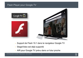 Flash Player pour Google TV




                             Support de Flash 10.1 dans le navigateur Google TV
                             StageVideo est déjà supporté
                             AIR pour Google TV prévu dans un futur proche
© 2010 Adobe Systems Incorporated. All Rights Reserved. Adobe Confidential.   14
 