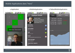 Mobile Applications dans "Hero"

                 s:Application                            s:MobileApplication   s:TabbedMobileApplication




© 2010 Adobe Systems Incorporated. All Rights Reserved.              26
 