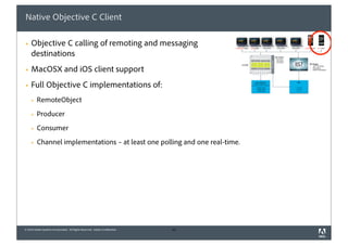Native Objective C Client

§   Objective C calling of remoting and messaging
     destinations
§   MacOSX and iOS client support
§   Full Objective C implementations of:
     §   RemoteObject
     §   Producer
     §   Consumer
     §   Channel implementations – at least one polling and one real-time.




© 2010 Adobe Systems Incorporated. All Rights Reserved. Adobe Confidential.   42
 