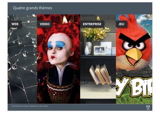 Quatre grands thèmes


WEB                                                      VIDEO                   ENTREPRISE   JEU




©2010 Adobe Systems Incorporated. All Rights Reserved. Adobe Confidential.   7
 