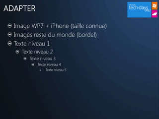 ADAPTER

  Image WP7 + iPhone (taille connue)
  Images reste du monde (bordel)
  Texte niveau 1
    Texte niveau 2
       Texte niveau 3
           Texte niveau 4
               Texte niveau 5
 