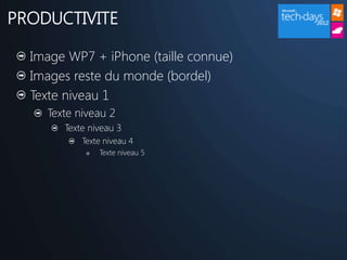 PRODUCTIVITE

  Image WP7 + iPhone (taille connue)
  Images reste du monde (bordel)
  Texte niveau 1
    Texte niveau 2
       Texte niveau 3
           Texte niveau 4
               Texte niveau 5
 
