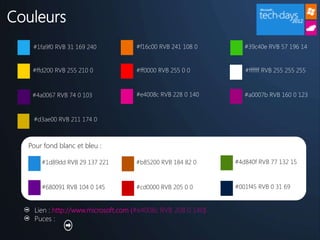 Couleurs
   #1fa9f0 RVB 31 169 240           #f16c00 RVB 241 108 0        #39c40e RVB 57 196 14


   #ffd200 RVB 255 210 0            #ff0000 RVB 255 0 0          #ffffff RVB 255 255 255


   #4a0067 RVB 74 0 103             #e4008c RVB 228 0 140        #a0007b RVB 160 0 123


   #d3ae00 RVB 211 174 0



  Pour fond blanc et bleu :

      #1d89dd RVB 29 137 221        #b85200 RVB 184 82 0      #4d840f RVB 77 132 15



      #680091 RVB 104 0 145         #cd0000 RVB 205 0 0       #001f45 RVB 0 31 69


    Lien : http://www.microsoft.com (#e4008c RVB 208 0 140)
    Puces :
 