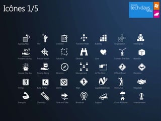 Icônes 1/5



    Agenda/Plan       Hire             Checklist       Transition Roles   Building             Organization       Moving Up




    Problem Solving   Precise Search   Solutions       Observe            Love                 Connect The Dots   Boxed In




    Outside The Box   Passing Along    Direction       Management         At The Door          Difficult Road     Decisions




    Timing            Build A Plan     Don’ts          Align              CapabilitiesTools   Announce           Negotiate




    Strengths         Chemistry        Give and Take   Broadcast          Support              Cloud At Home      Entertainment
 
