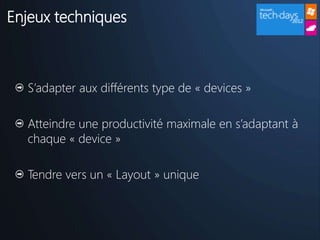 Enjeux techniques



  S’adapter aux différents type de « devices »

  Atteindre une productivité maximale en s’adaptant à
  chaque « device »

  Tendre vers un « Layout » unique
 