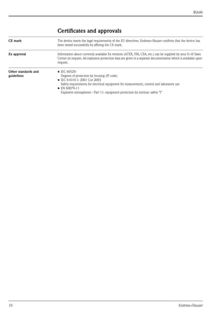 RIA46
10 Endress+Hauser
Certificates and approvals
CE mark The device meets the legal requirements of the EU directives. Endress+Hauser confirms that the device has
been tested successfully by affixing the CE mark.
Ex approval Information about currently available Ex versions (ATEX, FM, CSA, etc.) can be supplied by your E+H Sales
Center on request. All explosion protection data are given in a separate documentation which is available upon
request.
Other standards and
guidelines
• IEC 60529:
Degrees of protection by housing (IP code)
• IEC 61010-1: 2001 Cor 2003
Safety requirements for electrical equipment for measurement, control and laboratory use
• EN 60079-11
Explosive atmospheres - Part 11: equipment protection by intrinsic safety "I"
 
