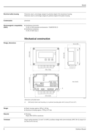 RIA46
8 Endress+Hauser
Electrical safety housing Protection class I, overvoltage category II, pollution degree II for aluminium housing
Protection class II, overvoltage category II, pollution degree II for plastic housing
Condensation permitted
Electromagnetic compatibility
(EMC)
• Interference immunity:
To IEC 61326 industrial environments / NAMUR NE 21
• Interference emissions:
To IEC 61326 Class A
Mechanical construction
Design, dimensions
a0010574
Dimensions of the field meter
A: Drill-hole for direct wall mounting or on optional mounting plate with 4 screws 5 mm (0.2")
Weight • Plastic housing: approx. 600 g (1.32 lbs)
• Aluminum housing: approx. 1700 g (3.75 lbs)
Material • Housing:
Plastic PBT-GF30 or aluminum
Terminals Plug-in spring terminals, 2.5 mm2
(14 AWG); auxiliary voltage with screw terminals (AWG 30-12; torque 0.5-
0.6 Nm (4.4-5.3 lb in)).
 