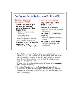 CEFET-RN / Curso Superior de Tecnologia em Automação Industrial / Redes Industriais – Aula 07




Configuração de Redes com Profibus PA
Banco de dados de                                          Perfis de dispositivos
dispositivos (GSD)                                            Os parâmetros podem ser
 Informa ao mestre que                                        divididos em:
 parâmetros e qual o                                          Valores de processo
 formato dos dados dos
                                                                 Sinais descritos no GSD acessados
 dispositivos.
                                                                 pelos mestres.
   Fabricante e seu número de
   identificação.                                             Parâmetros de operação
   Taxa de transmissão e                                      (padrão)
   parâmetros de rede.                                           Acessados esporadicamente pelos
   Número e formato dos dados a                                  mestres.
   serem trocados com o mestre.
 O GSD deve ser carregado                                     Parâmetros específicos
 no mestre via um                                                Acessados somente por um
                                                                 mestre classe 2.
 software de configuração.



1. Todo Mestre ou Escravo Profibus possui um arquivo texto em um
   formato padrão (GSD), definido pela organização Profibus, que contêm
   todos os dados do dispositivo como fabricante, versão de hardware,
   taxas de transmissão, número e tipo de sinais de entrada e saída,
   diagnósticos disponíveis e etc.
2. O passo inicial de configuração de uma rede faz uso destes arquivos
   GSD (General Slave Data)
3. O Profibus PA padronizou os perfis de dispositivos onde são
   especificados os dados disponíveis para comunicação, qual o tipo de
   comunicação a ser usado (cíclico ou acíclico) e quem pode acessa-lo, o
   mestre classe 1 ou 2.




                                                                                                          11
 