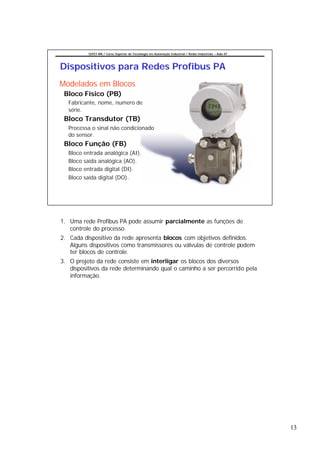 CEFET-RN / Curso Superior de Tecnologia em Automação Industrial / Redes Industriais – Aula 07




Dispositivos para Redes Profibus PA
Modelados em Blocos
 Bloco Físico (PB)
  Fabricante, nome, numero de
  série.
 Bloco Transdutor (TB)
  Processa o sinal não condicionado
  do sensor.
 Bloco Função (FB)
  Bloco entrada analógica (AI).
  Bloco saída analógica (AO).
  Bloco entrada digital (DI).
  Bloco saída digital (DO).




1. Uma rede Profibus PA pode assumir parcialmente as funções de
   controle do processo.
2. Cada dispositivo da rede apresenta blocos com objetivos definidos.
   Alguns dispositivos como transmissores ou válvulas de controle podem
   ter blocos de controle.
3. O projeto da rede consiste em interligar os blocos dos diversos
   dispositivos da rede determinando qual o caminho a ser percorrido pela
   informação.




                                                                                                          13
 