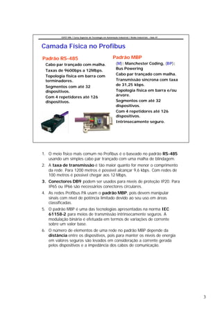 CEFET-RN / Curso Superior de Tecnologia em Automação Industrial / Redes Industriais – Aula 07




Camada Física no Profibus
Padrão RS-485                                              Padrão MBP
 Cabo par trançado com malha.                                 (M): Manchester Coding, (BP):
                                                              Bus Powering
 Taxas de 9600bps a 12Mbps.
                                                              Cabo par trançado com malha.
 Topologia física em barra com
 terminadores.                                                Transmissão síncrona com taxa
                                                              de 31,25 kbps.
 Segmentos com até 32
 dispositivos.                                                Topologia física em barra e/ou
                                                              árvore.
 Com 4 repetidores até 126
 dispositivos.                                                Segmentos com até 32
                                                              dispositivos.
                                                              Com 4 repetidores até 126
                                                              dispositivos.
                                                              Intrinsecamente seguro.




1. O meio físico mais comum no Profibus é o baseado no padrão RS-485
   usando um simples cabo par trançado com uma malha de blindagem.
2. A taxa de transmissão é tão maior quanto for menor o comprimento
   da rede. Para 1200 metros é possível alcançar 9,6 kbps. Com redes de
   100 metros é possível chegar aos 12 Mbps.
3. Conectores DB9 podem ser usados para níveis de proteção IP20. Para
   IP65 ou IP66 são necessários conectores circulares.
4. As redes Profibus PA usam o padrão MBP, pois devem manipular
   sinais com nível de potência limitado devido ao seu uso em áreas
   classificadas.
5. O padrão MBP é uma das tecnologias apresentadas na norma IEC
   61158-2 para meios de transmissão intrinsecamente seguros. A
   modulação binária é efetuada em termos de variações de corrente
   sobre um valor base.
6. O número de elementos de uma rede no padrão MBP depende da
   distância entre os dispositivos, pois para manter os níveis de energia
   em valores seguros são levados em consideração a corrente gerada
   pelos dispositivos e a impedância dos cabos de comunicação.




                                                                                                          3
 