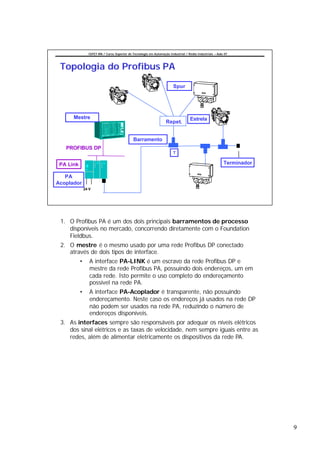 CEFET-RN / Curso Superior de Tecnologia em Automação Industrial / Redes Industriais – Aula 07




 Topologia do Profibus PA

                                                                         Spur




      Mestre                                                                         Estrela
                                                                    Repet.


                                              Barramento
   PROFIBUS DP
                                                                         T


 PA Link                                                                                                   Terminador

   PA
Acoplador
               24 V




 1. O Profibus PA é um dos dois principais barramentos de processo
    disponíveis no mercado, concorrendo diretamente com o Foundation
    Fieldbus.
 2. O mestre é o mesmo usado por uma rede Profibus DP conectado
    através de dois tipos de interface.
           •      A interface PA-LINK é um escravo da rede Profibus DP e
                  mestre da rede Profibus PA, possuindo dois endereços, um em
                  cada rede. Isto permite o uso completo do endereçamento
                  possível na rede PA.
           •      A interface PA-Acoplador é transparente, não possuindo
                  endereçamento. Neste caso os endereços já usados na rede DP
                  não podem ser usados na rede PA, reduzindo o número de
                  endereços disponíveis.
 3. As interfaces sempre são responsáveis por adequar os níveis elétricos
    dos sinal elétricos e as taxas de velocidade, nem sempre iguais entre as
    redes, além de alimentar eletricamente os dispositivos da rede PA.




                                                                                                                        9
 