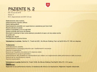 PAZIENTE N. 2
 Età: 42 aa nel 2016
 Sesso: F
 M.H. diagnosticata nel 2007 (33 aa)
Rallentamento ideo-motorio
Deterioramento cognitivo diffuso
Deficit dell’equilibrio
Deambulazione possibile con supervisione e assistenza per brevi tratti
Rischio elevato di cadute
Deficit di sensibilità profonda agli AAII
Scarso controllo del tronco da seduta
Movimenti involontari di tipo coreo-atetosici prevalenti al capo e al viso estesi anche
ai quattro arti
Disfagia per i liquidi
Incoordinazione pneumo-fonica
Valutazione in entrata: Barthel 31, Tinetti da 6/28 , Six Minute Walking Test: da SpO2=94 e FC 160 con dispnea.
Trattamento:
Verticalizzazione assistita
Addestramento ai passaggi posturali e per i trasferimenti in sicurezza
Esercizi di respirazione
Esercizi per l’equilibrio da seduta ed in stazione eretta
Partecipazione ai gruppi di ginnastica
Deambulazione alle parallele/con deambulatore tipo rollator con miglioramento delle performance e della sicurezza
Esercizi per la coordinazione motoria
Esercizi propriocettivi
DIMISSIONE:
Migliorate le sue performance motorie, di resistenza allo sforzo e la respirazione. Migliorato l’aspetto relazionale.
Valutazione in uscita: Barthel 52, Tinetti 10/28, Six Minute Walking Test SpO2 =99 e FC =131 senza
dispnea.
 