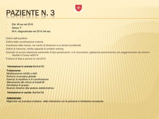 PAZIENTE N. 3
 Età: 46 aa nel 2016
 Sesso: F
 M.H. diagnosticata nel 2014 (44 aa)
Deficit dell’equilibrio
Deficit della coordinazione motoria
Incertezza nella marcia, nei cambi di direzione e su terreni accidentati
Deficit di memoria, ridotta capacità di problem solving
Episodio di acuzie (ideazione paranoide di tipo persecutorio e di nocumento, agitazione psicomotoria) con peggioramento dei sintomi
riferibili a Corea nel2014
Frattura di tibia e perone sn nel 2015
Valutazione in entrata Barthel 85
Trattamento
Mobilizzazione AASS e AAII
Rinforzo muscolare globale
Esercizi di equilibrio e di coordinazione
Allenamento allo sforzo al treadmill
Ginnastica di gruppo
Esercizi dinamici alla pedana stabilometrica
DIMISSIONE:
Migliorata nel prendere iniziative, nella interazione con le persone e l’ambiente circostante
Valutazione in uscita: Barthel 99.
 