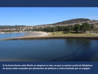 O río Eume forma unha flecha ao atoparse co mar, na que se asenta a praia da Madalena.
As dunas están ocupadas por plantacións de piñeiros e a beira limitada por un espigón.
 