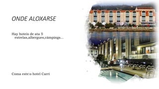 ONDE ALOXARSE
Hay hoteis de ata 5
estrelas,albergues,cámpings...
Coma este:o hotel Carri
 